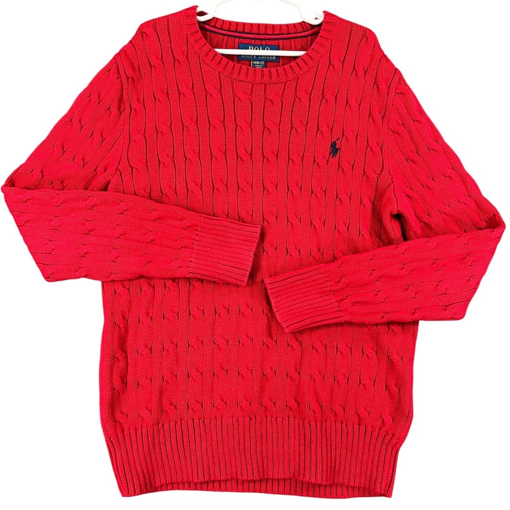 Polo Ralph Lauren Cable Knit Sweater Kids M 10-12 Red Cotton Pony Logo School